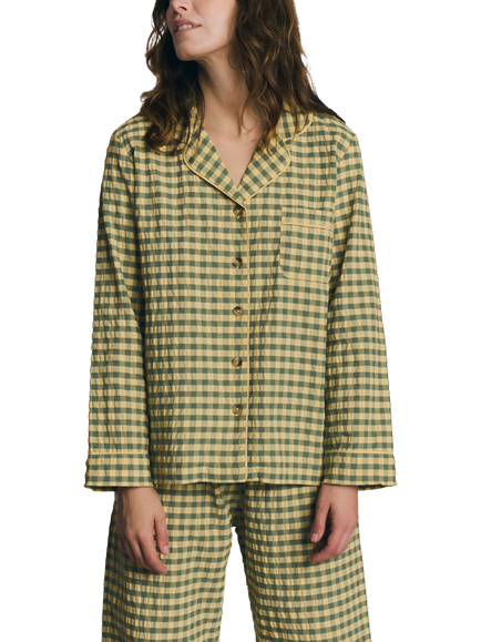Piglet in Bed Seersucker Gingham Button Down Long Pyjama Set - view 2, Elm Grn/Butter Yllw