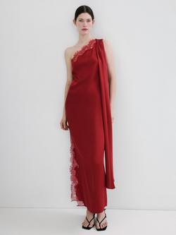 Mango Asymmetric Lace-Trim Maxi Dress, Red, Red
