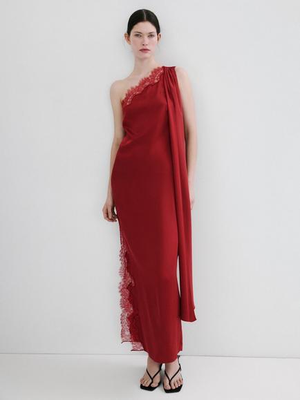 Mango Asymmetric Lace-Trim Maxi Dress, Red, Red
