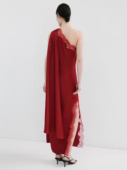 Mango Asymmetric Lace-Trim Maxi Dress, Red - view 2, Red