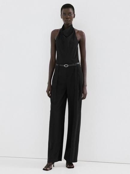 Mango Halterneck Belted Wide Leg Jumpsuit, Black, Black