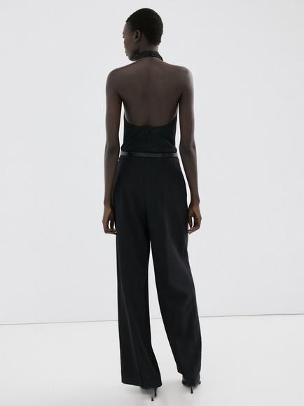 Mango Halterneck Belted Wide Leg Jumpsuit, Black - view 2, Black