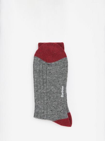 Barbour Wool Blend Houghton Ribbed Socks, Mid Grey/Red - view 2, Mid Grey/Red