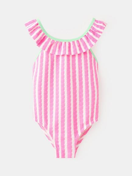 Mango Kids' Ruffle Neck Beach Swimsuit, Pink, Pink