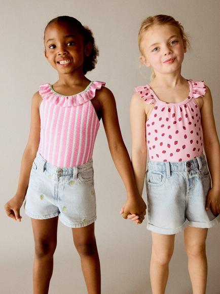 Mango Kids' Ruffle Neck Beach Swimsuit, Pink - view 2, Pink