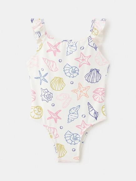 Mango Kids' Ruffle Strap Printed Swimsuit, White, White