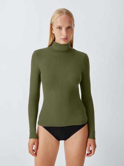 John Lewis Heat Generating Ribbed Roll Neck Thermal Top, Olive Night, Olive Night