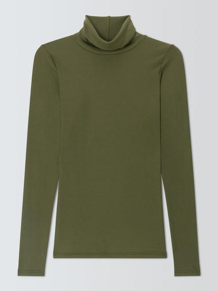 John Lewis Heat Generating Ribbed Roll Neck Thermal Top, Olive Night, Olive Night
