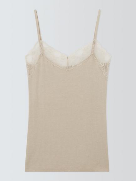 John Lewis Heat Generating Ribbed Lace Trim Thermal Vest, Oatmeal Marl, Oatmeal Marl