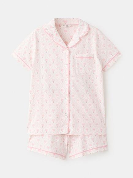 Mango Kids' Cotton Palm Tree Print Short Pyjama Set, Pink, Pink