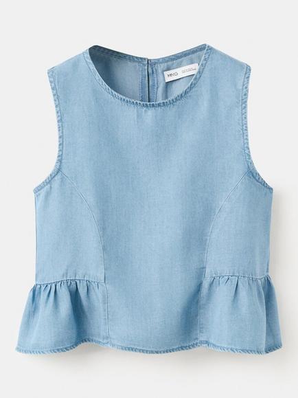 Mango Kids' Denim Crew Neck Blouse, Blue, Blue