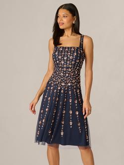Adrianna Papell Petite Floral Bead Mesh Midi Dress, Navy/Rosegold, Navy/Rosegold