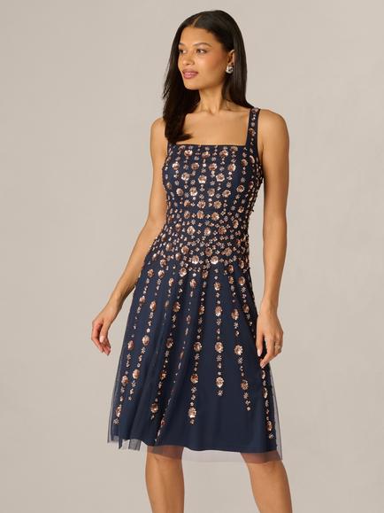 Adrianna Papell Petite Floral Bead Mesh Midi Dress, Navy/Rosegold, Navy/Rosegold