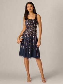 Adrianna Papell Petite Floral Bead Mesh Midi Dress, Navy/Rosegold - view 2, Navy/Rosegold
