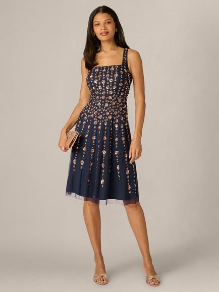 Adrianna Papell Petite Floral Bead Mesh Midi Dress, Navy/Rosegold - view 2, Navy/Rosegold