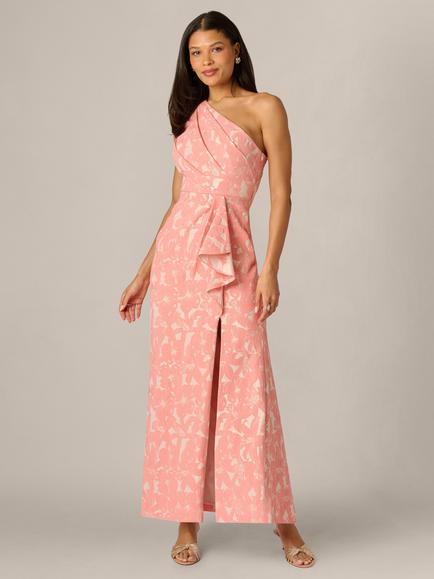 Adrianna Papell Petite One Shoulder Jacquard Gown, Light Coral, Light Coral