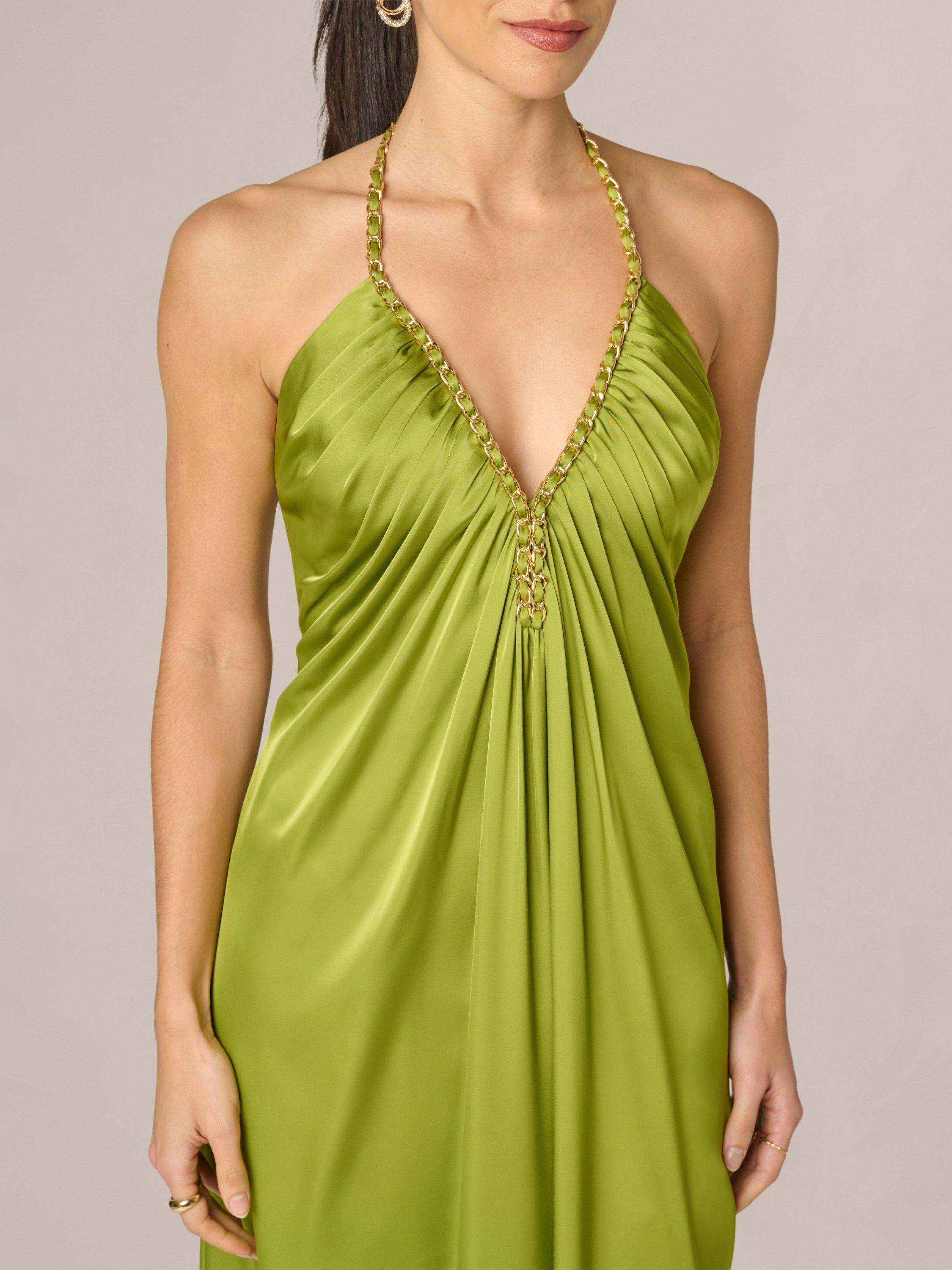 green emerald velvet dress Foiled Mermaid Gown with Halter Neckline in Dark Olive