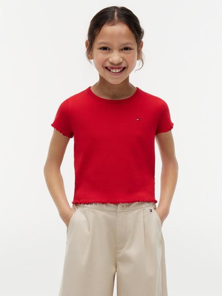 Tommy Hilfiger Kids' Short Sleeve Ruffle Trim T-Shirt, Red, Red