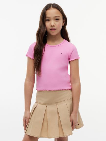 Tommy Hilfiger Kids' Short Sleeve Ruffle Trim Top, Mid Pink, Mid Pink