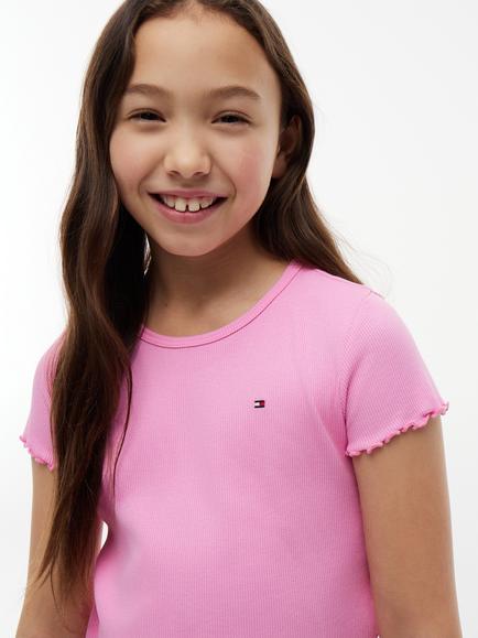 Tommy Hilfiger Kids' Short Sleeve Ruffle Trim Top, Mid Pink - view 2, Mid Pink