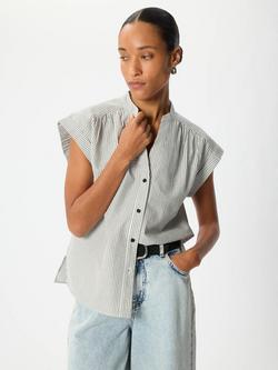 Whistles Seersucker Stripe Cotton Sleeveless V-Neck Shirt, White/Multi, White/Multi