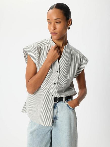 Whistles Seersucker Stripe Cotton Sleeveless V-Neck Shirt, White/Multi, White/Multi