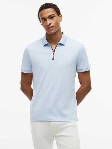 Tommy Hilfiger Fluid Cotton Zip-Neck Polo Shirt, Light Blue, Light Blue
