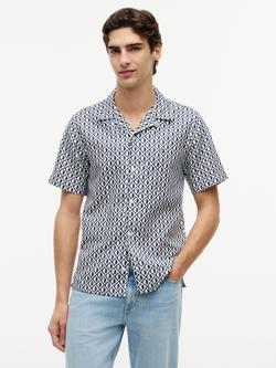 Tommy Hilfiger Button Through Short Sleeve Cotton Linen Blend Shirt, Blue/Multi