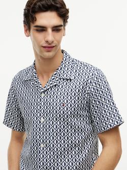 Tommy Hilfiger Button Through Short Sleeve Cotton Linen Blend Shirt - view 2, Blue/Multi