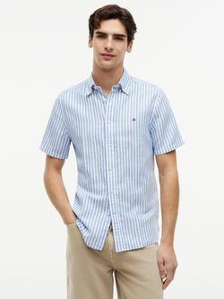 Tommy Hilfiger Bengal Stripe Short Sleeve Cotton Linen Blend Shirt, Blue, Blue