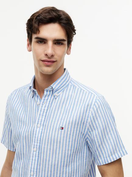 Tommy Hilfiger Bengal Stripe Short Sleeve Cotton Linen Blend Shirt, Blue - view 2, Blue