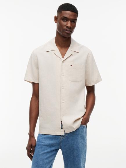 Tommy Hilfiger Button Through Short Sleeve Linen Cotton Blend Shirt, Beige