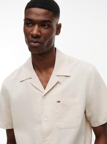 Tommy Hilfiger Button Through Short Sleeve Linen Cotton Blend Shirt - view 2, Beige
