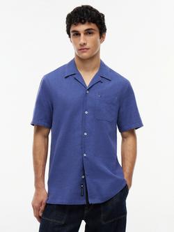 Tommy Hilfiger Button Through Short Sleeve Linen Cotton Blend Shirt, Blue