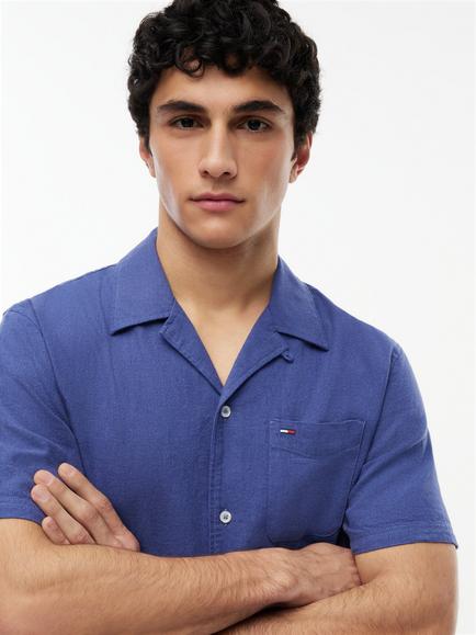 Tommy Hilfiger Button Through Short Sleeve Linen Cotton Blend Shirt - view 2, Blue
