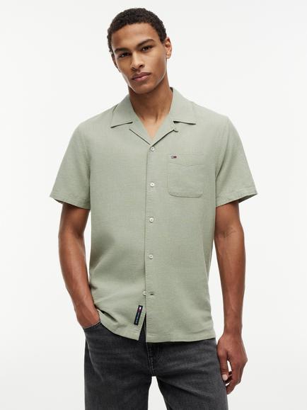 Tommy Hilfiger Button Through Short Sleeve Linen Cotton Blend Shirt, Olive