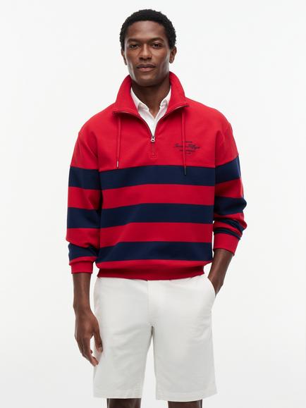 Tommy Hilfiger Block Striped Quarter Zip Jumper, Red, Red