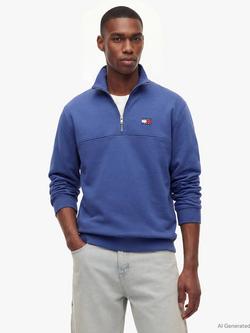 Tommy Hilfiger Quarter Zip Cotton Sweatshirt, Blue, Blue