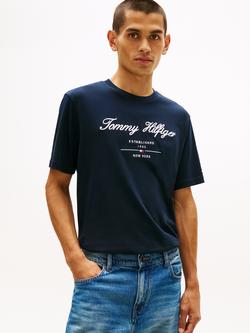 Tommy Hilfiger Sript Logo Cotton Crew Neck T-Shirt, Navy, Navy