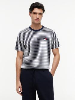 Tommy Hilfiger Crew Neck Stripe Cotton T-Shirt, Navy/Multi, Navy/Multi