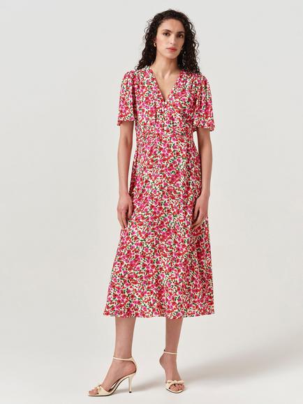 Ghost Jess V-Neck Angel Sleeve Floral Dress, Red/Multi, Red/Multi