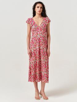 Ghost Maya V-Neck Floral Midi Dress, Red/Multi, Red/Multi