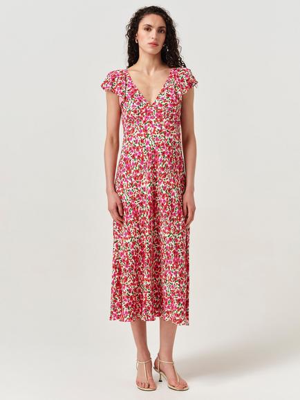 Ghost Maya V-Neck Floral Midi Dress, Red/Multi, Red/Multi