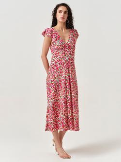 Ghost Maya V-Neck Floral Midi Dress, Red/Multi - view 2, Red/Multi