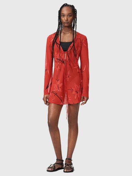 AllSaints Zalia Floral Semi-Sheer Dress, Red, Red