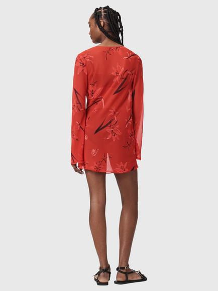 AllSaints Zalia Floral Semi-Sheer Dress, Red - view 2, Red