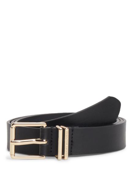 Tommy Hilfiger Square Buckle Logo Keeper Leather Belt, Black, Black