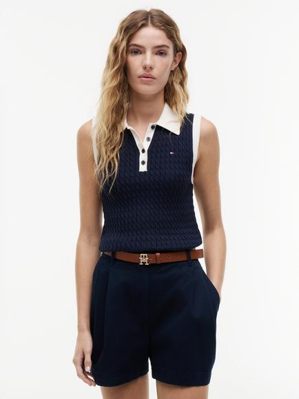 Tommy Hilfiger Cable Knit Slim Fit Sleeveless Polo Jumper, Blue Navy, Blue Navy