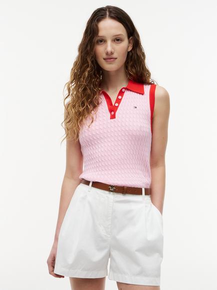 Tommy Hilfiger Cable Knit Slim Fit Sleeveless Polo Jumper, Pink Rose, Pink Rose