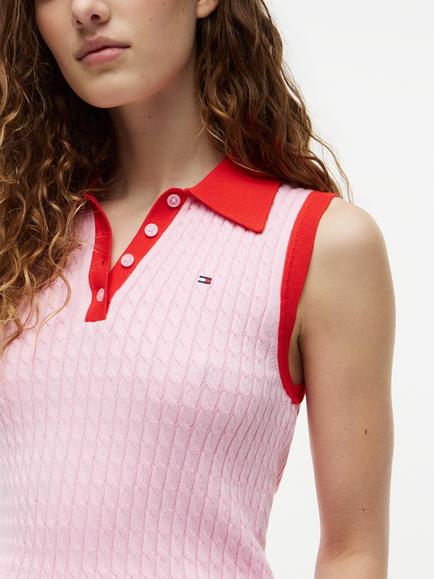 Tommy Hilfiger Cable Knit Slim Fit Sleeveless Polo Jumper, Pink Rose - view 2, Pink Rose